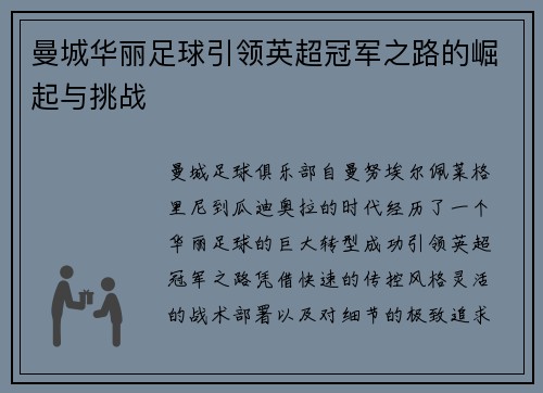 曼城华丽足球引领英超冠军之路的崛起与挑战